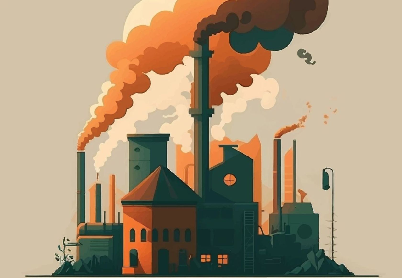 Illustration, die viele rauchende Schornsteine zeigt, die die Luft verschmutzen mit Abgasen und Rauch.