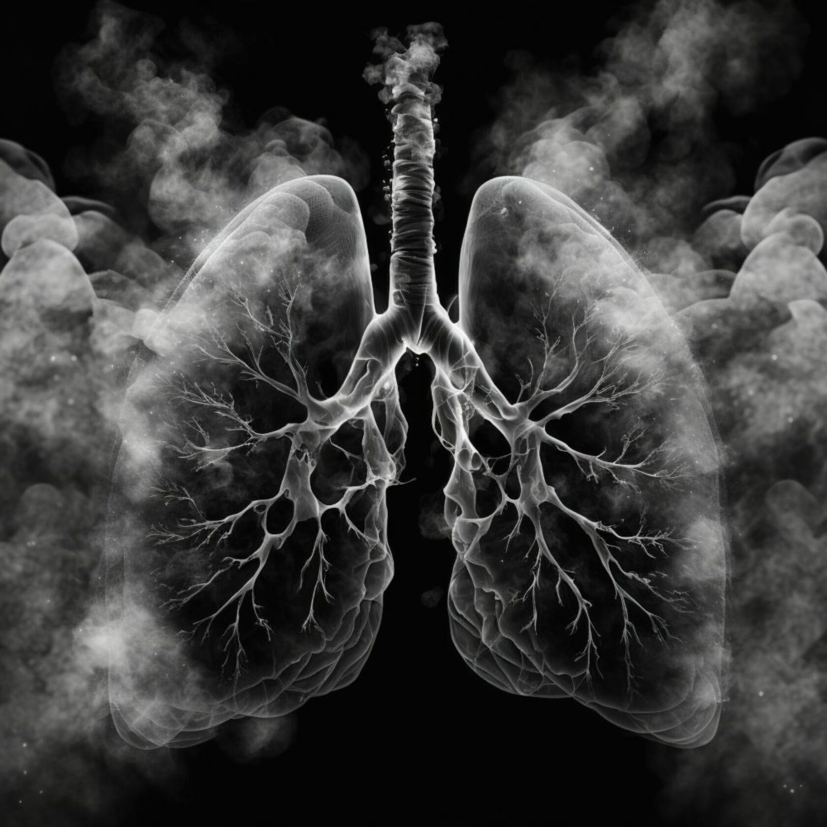 Computergrafik in Schwarz-Weiß - eine Lunge mit Rauch drumherum